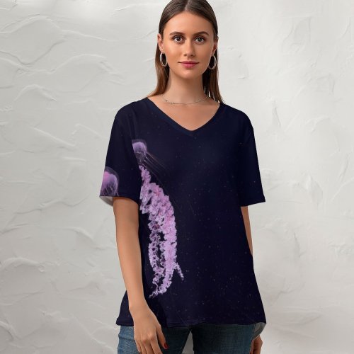 yanfind V Neck T-shirt for Women Black Dark Jellyfish Dark Sea Life Aquarium Underwater Glowing  Summer Top  Short Sleeve Casual Loose