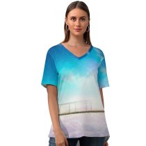 yanfind V Neck T-shirt for Women RicoDZ Fantasy Girl Dream Bridge Supernova CGI Artwork Summer Top  Short Sleeve Casual Loose