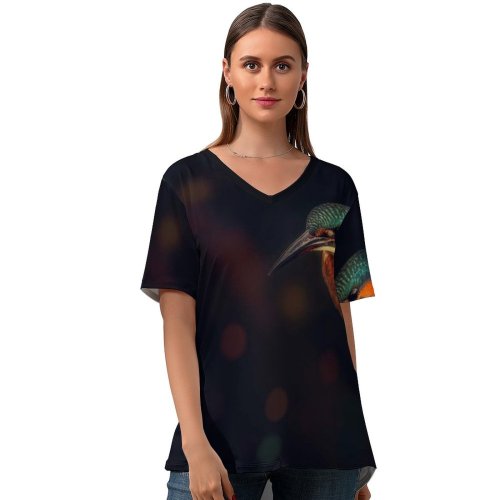 yanfind V Neck T-shirt for Women Hmetosche Black Dark Kingfisher Bird Wildlife Dark Closeup Bird Tree Branch Summer Top  Short Sleeve Casual Loose