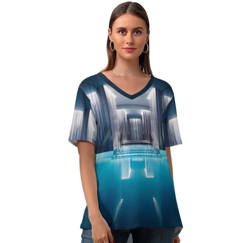 yanfind V Neck T-shirt for Women Otto Berkeley Pool Spa Reflections Peaceful Calm Summer Top  Short Sleeve Casual Loose