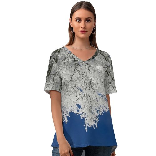 yanfind V Neck T-shirt for Women Christmas Structure HQ Frost Snow Sky Wallpapers Outdoors Tree Free Winter Summer Top  Short Sleeve Casual Loose
