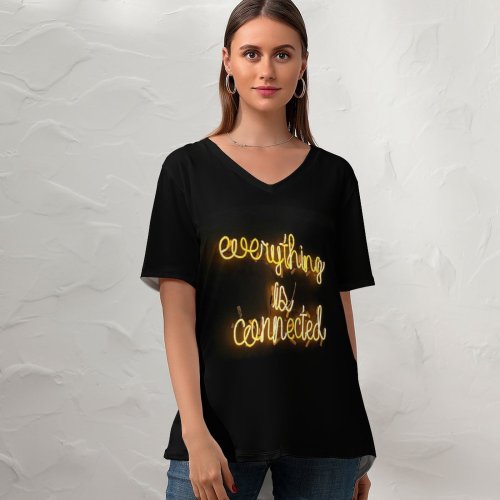 yanfind V Neck T-shirt for Women Daria Shevtsova Black Dark Quotes Everything Is Connected Neon Summer Top  Short Sleeve Casual Loose