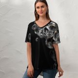 yanfind V Neck T-shirt for Women Black Dark Bubbles Liquid Macro Galaxy S  Summer Top  Short Sleeve Casual Loose