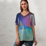 yanfind V Neck T-shirt for Women Jessica Wright Holidays Moon Starry Sky Tour Seascape Boating Collage Couple Honeymoon Summer Top  Short Sleeve Casual Loose