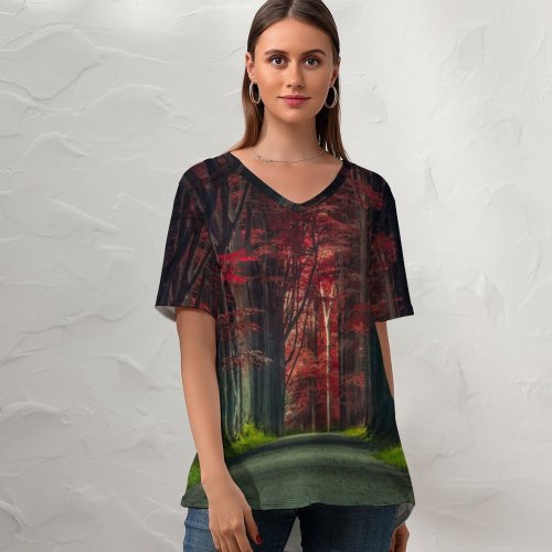 yanfind V Neck T-shirt for Women Hmetosche Forest Road Trees Woods Sunset Autumn Forest Dawn Pathway Scenic Summer Top  Short Sleeve Casual Loose