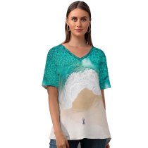yanfind V Neck T-shirt for Women Beach Aerial Ocean IOS Summer Top  Short Sleeve Casual Loose