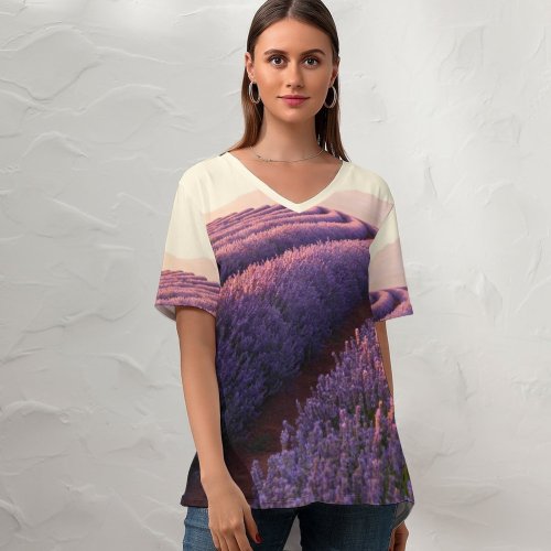 yanfind V Neck T-shirt for Women Destin Sparks Lavender Fields Lavender Flowers Sunrise Mountains Landscape Flower Garden Purple Summer Top  Short Sleeve Casual Loose