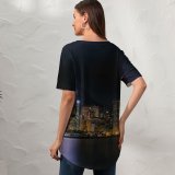 yanfind V Neck T-shirt for Women Hong Kong City Cityscape Architecture Skyscrapers Nightlife Ferris Wheel Lights River Reflection Summer Top  Short Sleeve Casual Loose