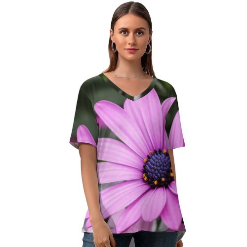 yanfind V Neck T-shirt for Women Flowers Daisy Flowers Purple Flowers Flowers Bokeh Garden Closeup Macro Bloom Blossom Summer Top  Short Sleeve Casual Loose