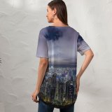 yanfind V Neck T-shirt for Women Denys Nevozhai Hong Kong City River Night Time Skyscrapers Clouds Cityscape Summer Top  Short Sleeve Casual Loose