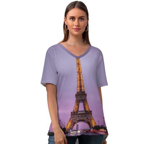 yanfind V Neck T-shirt for Women Denys Nevozhai Eiffel Tower Paris France Evening Purple Sky Lights Iconic Summer Top  Short Sleeve Casual Loose