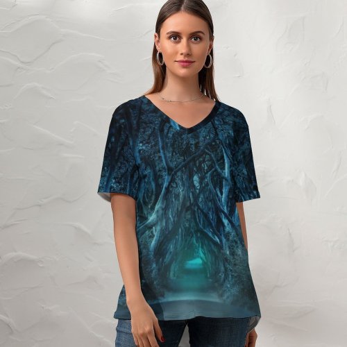 yanfind V Neck T-shirt for Women Dorothe Avenue Trees Moonlight Woods Forest Path Road Landscape Summer Top  Short Sleeve Casual Loose
