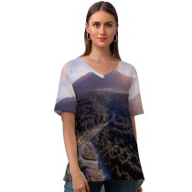 yanfind V Neck T-shirt for Women Fiordland National Park Mountains Sunrise Forest River Zealand Summer Top  Short Sleeve Casual Loose