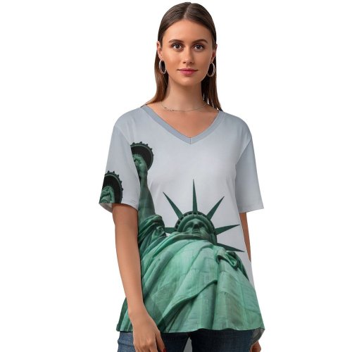 yanfind V Neck T-shirt for Women Clock Building Nyc Lady Wallpapers Architecture Free York Monument Art Pictures Summer Top  Short Sleeve Casual Loose