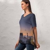 yanfind V Neck T-shirt for Women Massimiliano Morosinotto Neuschwanstein Castle Landscape Starry Sky Ancient Architecture Astronomy Stars Outer Summer Top  Short Sleeve Casual Loose