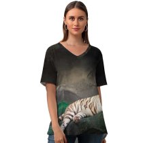 yanfind V Neck T-shirt for Women Anek Suwannaphoom Bengal Tiger Cave Tiger Wild Dark Summer Top  Short Sleeve Casual Loose