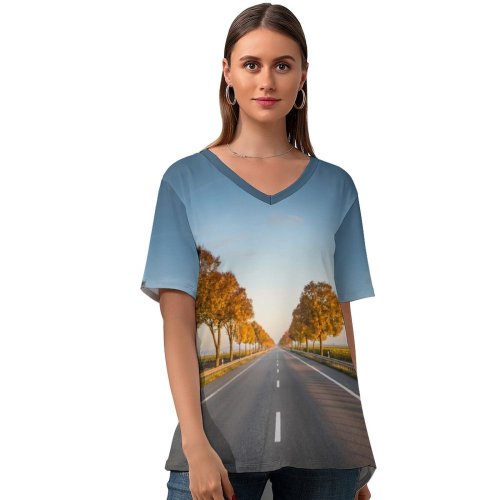 yanfind V Neck T-shirt for Women Autumn Barrier Journey Landscape Wallpapers Tree Alsheim Wine Trip Road Pictures Summer Top  Short Sleeve Casual Loose