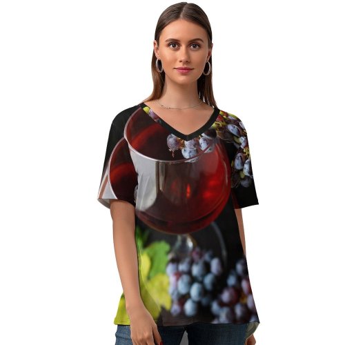 yanfind V Neck T-shirt for Women Glass Flora Sauvignon Rim Grapes Alcohol Plant Produce Fruits Wine Grape Summer Top  Short Sleeve Casual Loose
