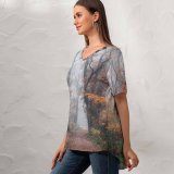yanfind V Neck T-shirt for Women Autumn Forest Fall Foliage Trees Foggy Morning Summer Top  Short Sleeve Casual Loose