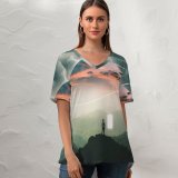 yanfind V Neck T-shirt for Women Thiago Garcia Fantasy Alone Surreal Planet Landscape Dream Summer Top  Short Sleeve Casual Loose