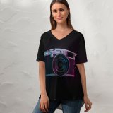 yanfind V Neck T-shirt for Women Robert Shunev Dark Vintage Camera Purple Light SLR Summer Top  Short Sleeve Casual Loose