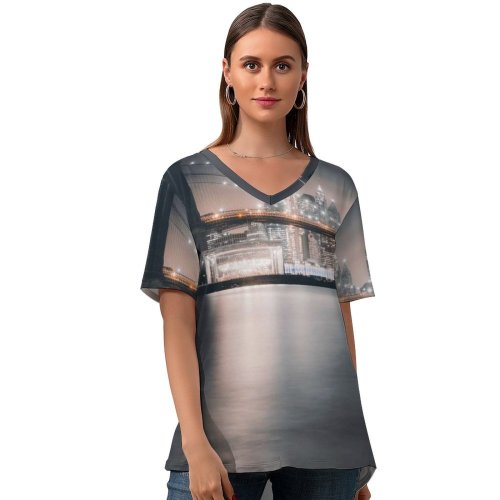 yanfind V Neck T-shirt for Women Lerone Pieters Brooklyn Bridge Night City Lights Cityscape Reflections Hudson River Brooklyn Summer Top  Short Sleeve Casual Loose