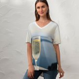 yanfind V Neck T-shirt for Women Glass Thera Landscape Celebrate Alcohol Travel Free Goblet Wine Champagne Bubble Summer Top  Short Sleeve Casual Loose