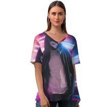 yanfind V Neck T-shirt for Women Ritvikshukla Anonymous Neon City Lights Urban Light Trails Summer Top  Short Sleeve Casual Loose