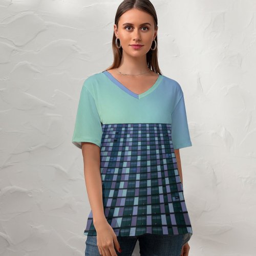 yanfind V Neck T-shirt for Women Mitchell Luo Architecture High Rise Building Gradient Sky Office Building Skyscraper Summer Top  Short Sleeve Casual Loose