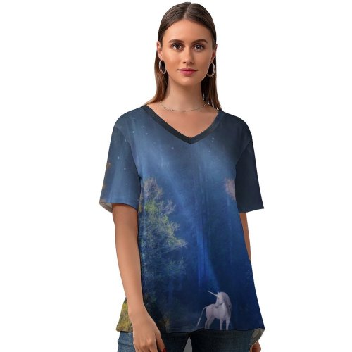 yanfind V Neck T-shirt for Women Anja Fantasy Fairy Tale Mythical Light Beam Forest Woods Tall Trees Scenery Summer Top  Short Sleeve Casual Loose