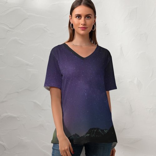 yanfind V Neck T-shirt for Women Dennison Lim Aurora Borealis Milky Way Purple Sky Night Starry Sky Glacier Summer Top  Short Sleeve Casual Loose
