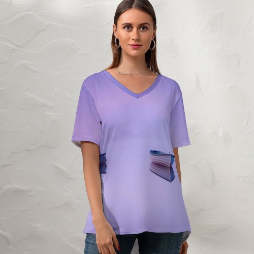 yanfind V Neck T-shirt for Women John McSporran Loch Rusky Scotland Boats Foggy Mirror Lake Reflection Purple Scenery Summer Top  Short Sleeve Casual Loose
