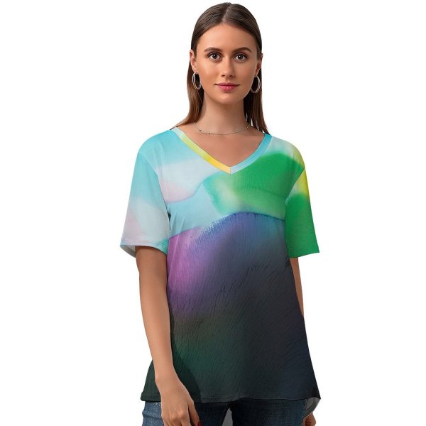 yanfind V Neck T-shirt for Women Robert Kohlhuber Abstract Liquid Art Colorful Fluid Waves  Summer Top  Short Sleeve Casual Loose