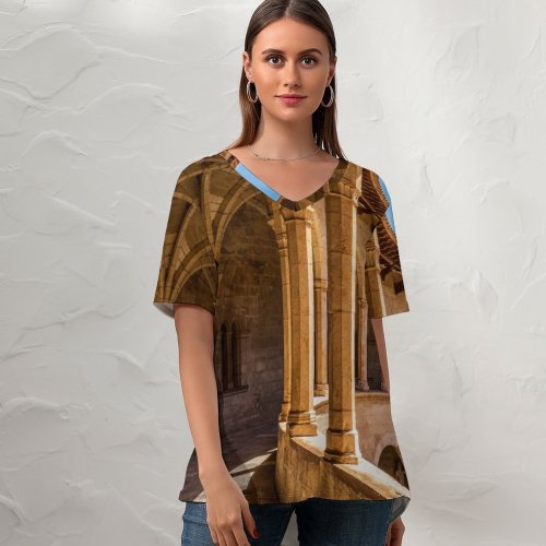 yanfind V Neck T-shirt for Women Castle Patio Best Building Spain Facade HQ Palma Sky Fantasy Wallpapers Summer Top  Short Sleeve Casual Loose