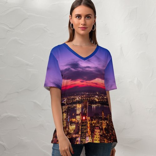 yanfind V Neck T-shirt for Women Henrik Pfitzenmaier York City Twilight Sunset Cityscape City Lights Summer Top  Short Sleeve Casual Loose