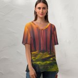 yanfind V Neck T-shirt for Women Hmetosche Sun Rays Forest Grass Woods Tall Trees Sunny Summer Top  Short Sleeve Casual Loose