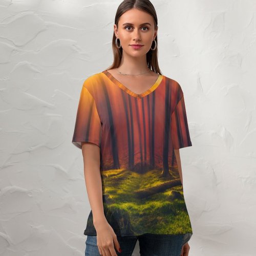 yanfind V Neck T-shirt for Women Hmetosche Sun Rays Forest Grass Woods Tall Trees Sunny Summer Top  Short Sleeve Casual Loose