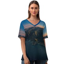 yanfind V Neck T-shirt for Women Big Sur Mountains Clear Sky Sunrise Dawn Morning MacOS Big Sur California Summer Top  Short Sleeve Casual Loose