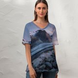 yanfind V Neck T-shirt for Women Bettmerhorn Mountains Snow Winter Bernese Alps Landscape Scenic Summit Sunrise Dawn Summer Top  Short Sleeve Casual Loose