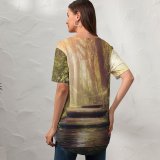 yanfind V Neck T-shirt for Women Dorothe Wooden Stairs Forest Jungle Trees Sunlight Wooden Planks Summer Top  Short Sleeve Casual Loose