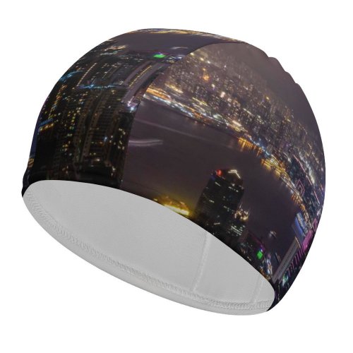 yanfind Swimming Cap Peter Y. Chuang Hong Kong City Skyscrapers Night Time Cityscape Aerial City Elastic,suitable for long and short hair
