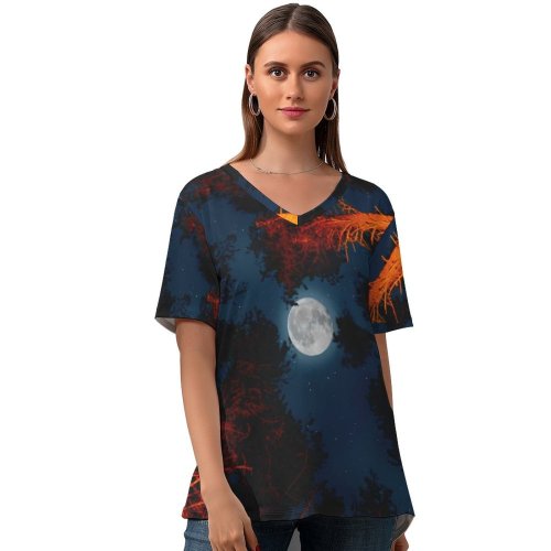 yanfind V Neck T-shirt for Women Jordan Steranka Moon Trees Sky Night Campfire Outdoor Woods Dark Summer Top  Short Sleeve Casual Loose