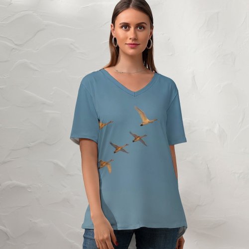 yanfind V Neck T-shirt for Women Swans Formation Sky Moon Winter Airplane Flight Air Travel Flap Aircraft Vehicle Summer Top  Short Sleeve Casual Loose