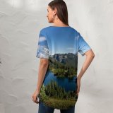 yanfind V Neck T-shirt for Women Mount Rainier Eunice Lake Landscape Sky Glacier Mountains Snow Covered Trees Clear Summer Top  Short Sleeve Casual Loose