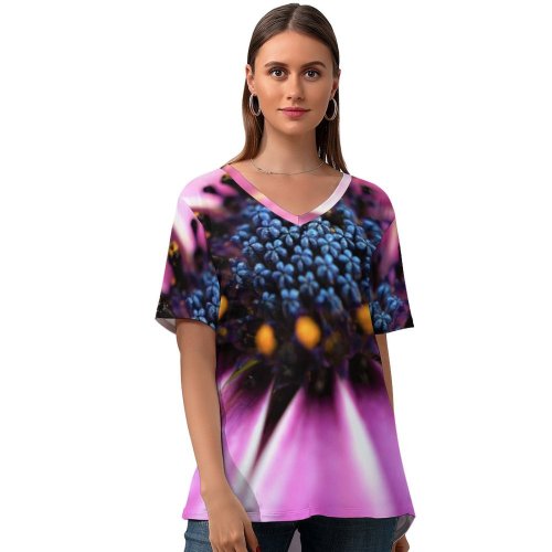 yanfind V Neck T-shirt for Women Flowers Daisy Closeup Macro Flowers Spring Blossom Bloom Petals Selective Focus Flora Summer Top  Short Sleeve Casual Loose