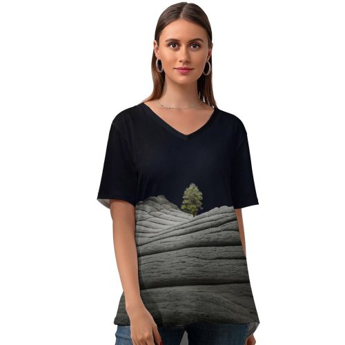 yanfind V Neck T-shirt for Women MacOS Big Sur Night Lone Tree Sedimentary Rocks Starry Sky Dark IOS Summer Top  Short Sleeve Casual Loose
