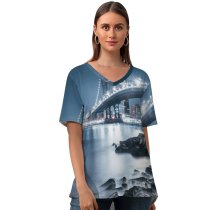 yanfind V Neck T-shirt for Women Lerone Pieters George Washington Bridge Night City Lights Rocks Hudson River Jersey Summer Top  Short Sleeve Casual Loose