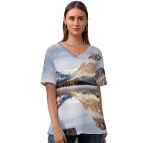 yanfind V Neck T-shirt for Women Sven Muller Lake Mountains Landscape Summer Top  Short Sleeve Casual Loose