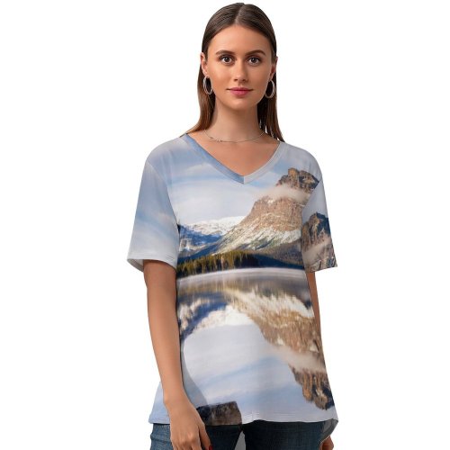 yanfind V Neck T-shirt for Women Sven Muller Lake Mountains Landscape Summer Top  Short Sleeve Casual Loose