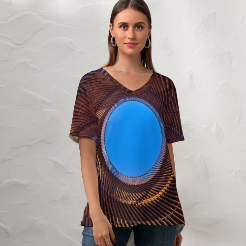 yanfind V Neck T-shirt for Women Skitterphoto Architecture Metal Design Circular Sky Spiral Indoor Symmetrical Summer Top  Short Sleeve Casual Loose